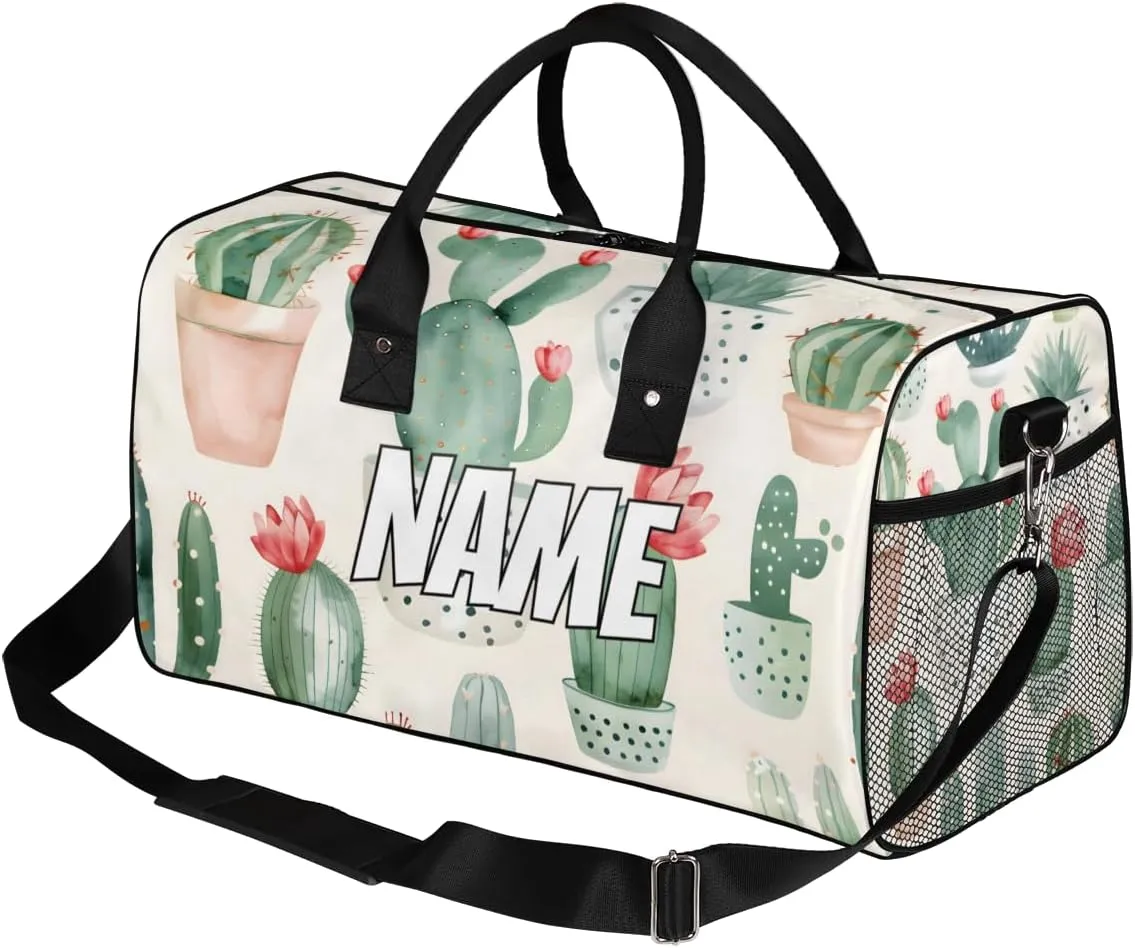 Personalized Watercolor Cactus Travel Duffel Bag with Name, Custom Gym Sport Bag Green Cactus Carry On Weekend Overnight Duffel Bag for Men Women