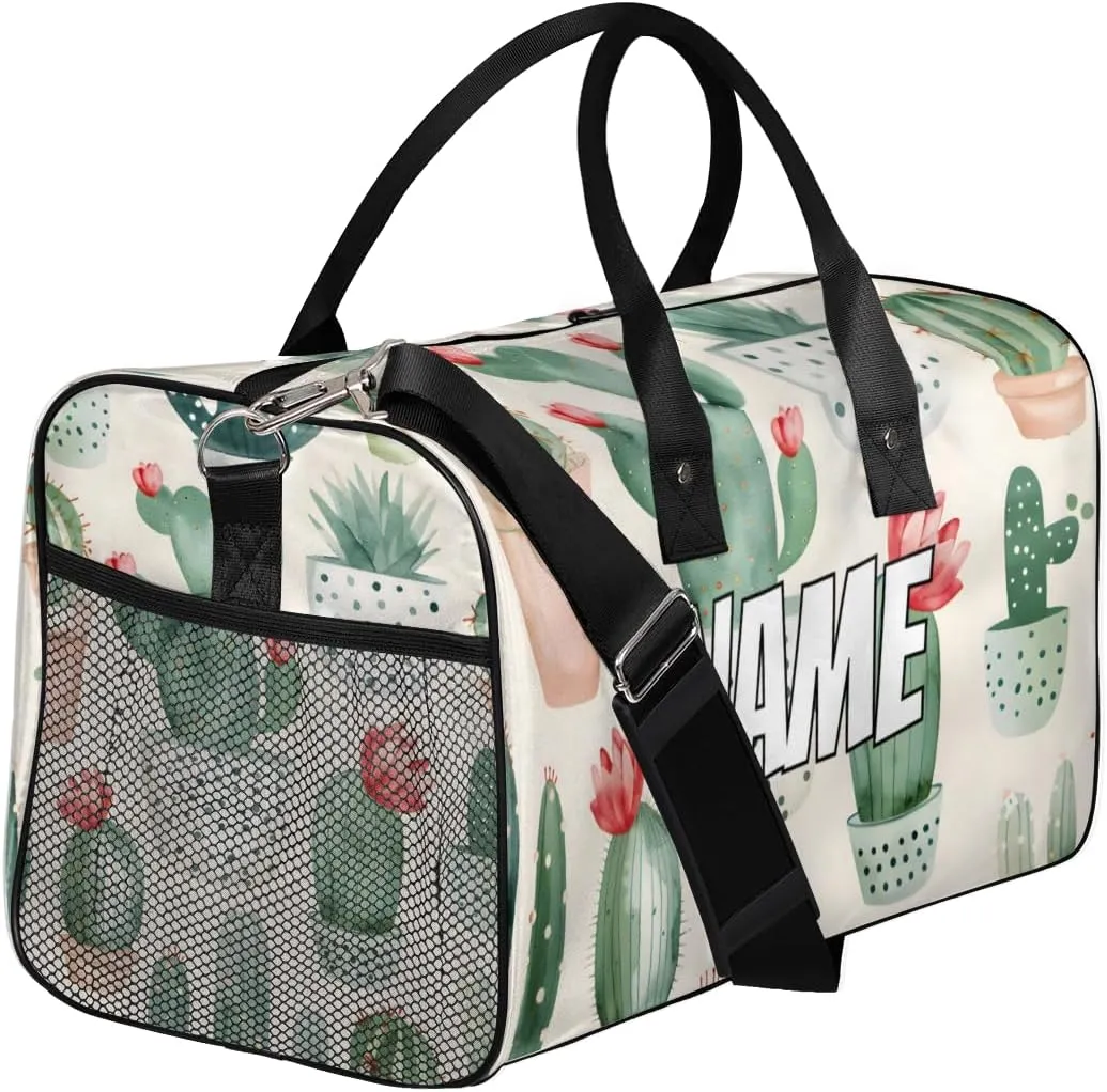 Personalized Watercolor Cactus Travel Duffel Bag with Name, Custom Gym Sport Bag Green Cactus Carry On Weekend Overnight Duffel Bag for Men Women