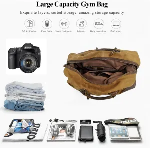 Personalized Waterproof Vintage Waxed Canvas and Leather Duffel Bag, Luggage for Gym 55L Weekender Overnight Carry on Bag (Black)