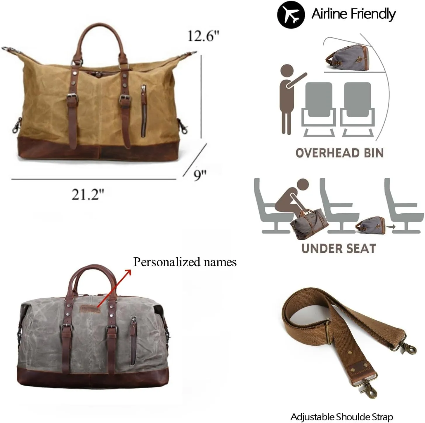 Personalized Waterproof Vintage Waxed Canvas and Leather Duffel Bag, Luggage for Gym 55L Weekender Overnight Carry on Bag (Khaki)