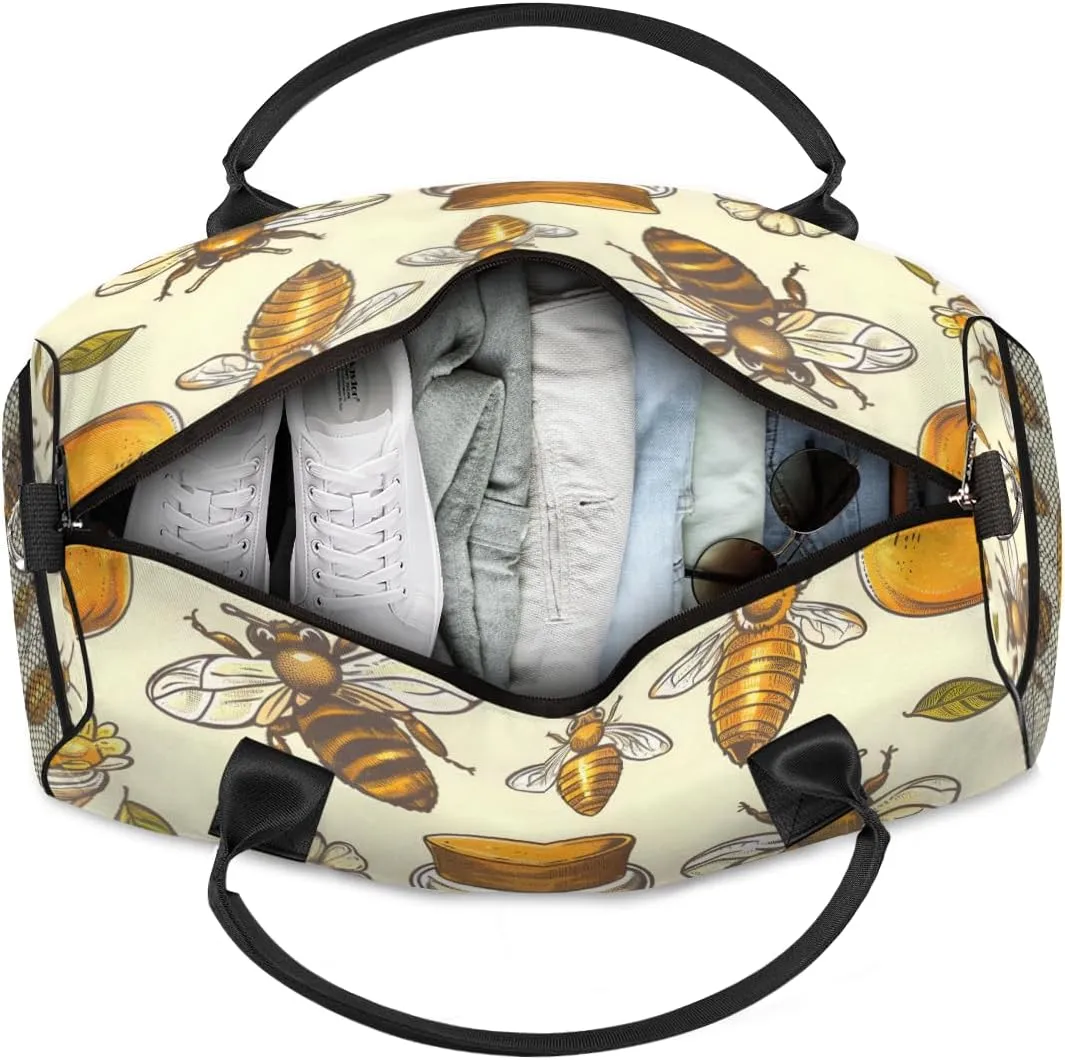 Personalized Yellow Honeybee Travel Duffel Bag with Name, Custom Gym Sport Bag White Daisy Carry On Weekend Overnight Duffel Bag for Men Women