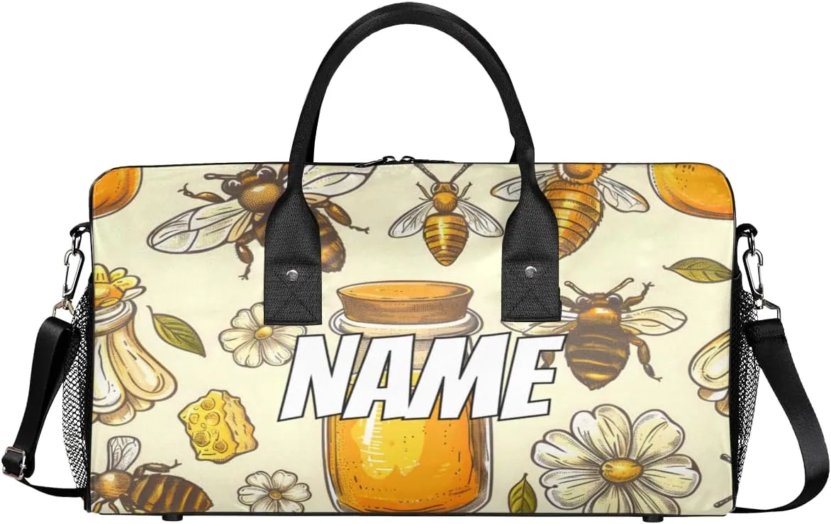 Personalized Yellow Honeybee Travel Duffel Bag with Name, Custom Gym Sport Bag White Daisy Carry On Weekend Overnight Duffel Bag for Men Women