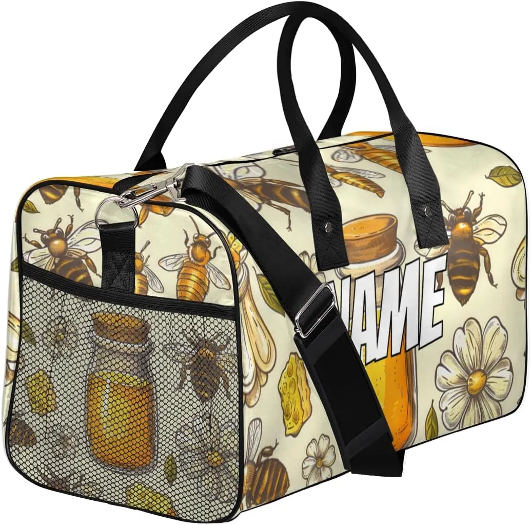 Personalized Yellow Honeybee Travel Duffel Bag with Name, Custom Gym Sport Bag White Daisy Carry On Weekend Overnight Duffel Bag for Men Women