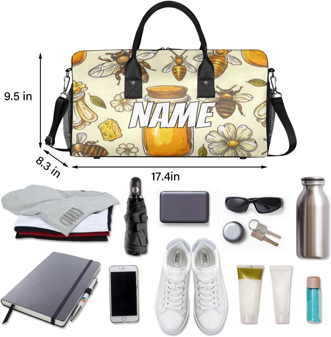 Personalized Yellow Honeybee Travel Duffel Bag with Name, Custom Gym Sport Bag White Daisy Carry On Weekend Overnight Duffel Bag for Men Women