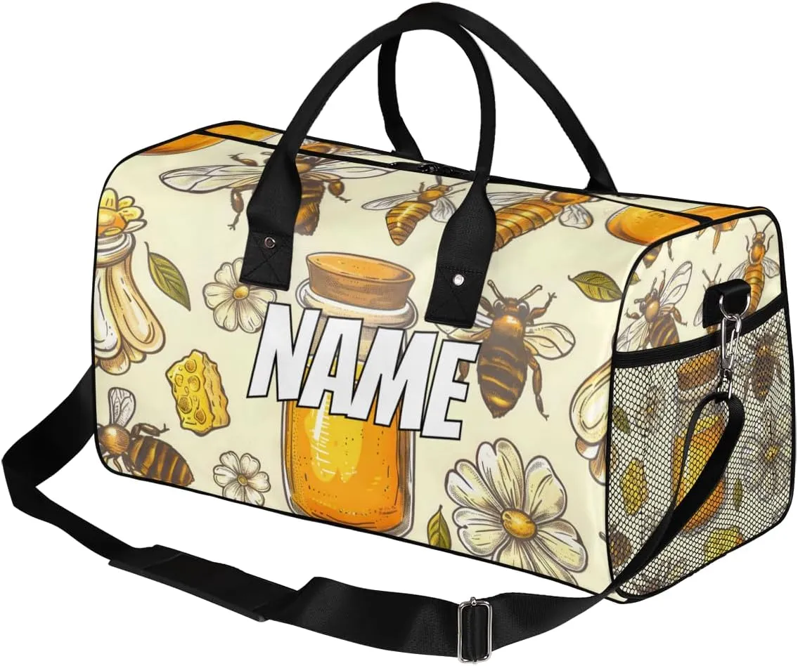 Personalized Yellow Honeybee Travel Duffel Bag with Name, Custom Gym Sport Bag White Daisy Carry On Weekend Overnight Duffel Bag for Men Women