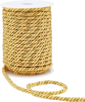 PH PandaHall 25 Yards Twisted Gold Trim Cord, 5mm Graduation Cord Twist Cords Braided Triple-Strand Rope Silk Ropes Solid Decorative Twine Cord for Sports, Christmas Decor, Crafts, Macrame