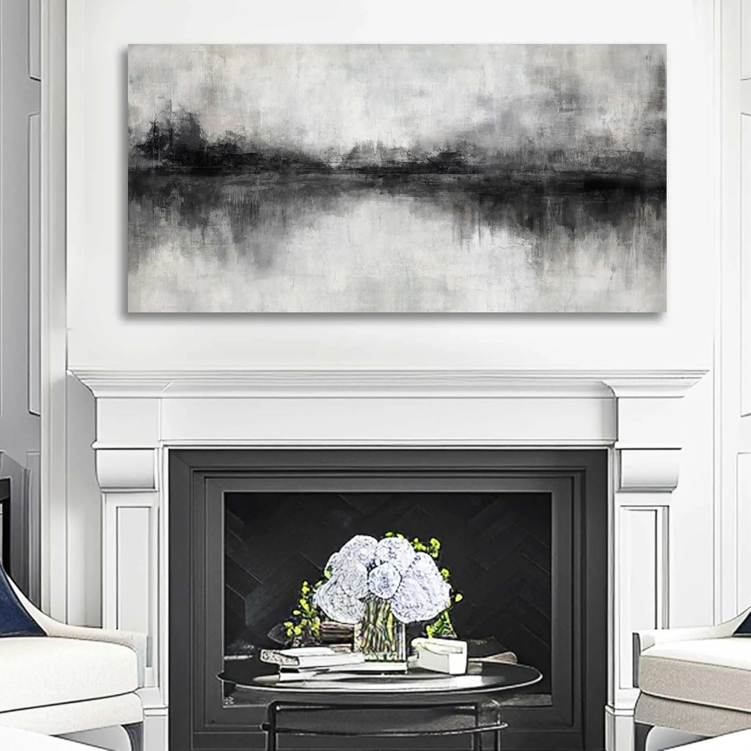 Pictures for Living Room Wall Decoration Black Wall Decor Dining Room Abstract Canvas Wall Art White Home Decor Black And Grey Office Artwork 20"x40"