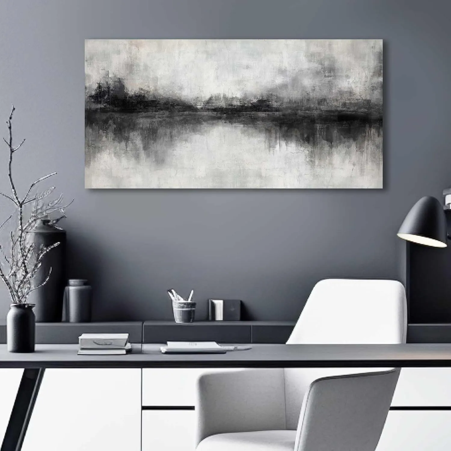 Pictures for Living Room Wall Decoration Black Wall Decor Dining Room Abstract Canvas Wall Art White Home Decor Black And Grey Office Artwork 20"x40"