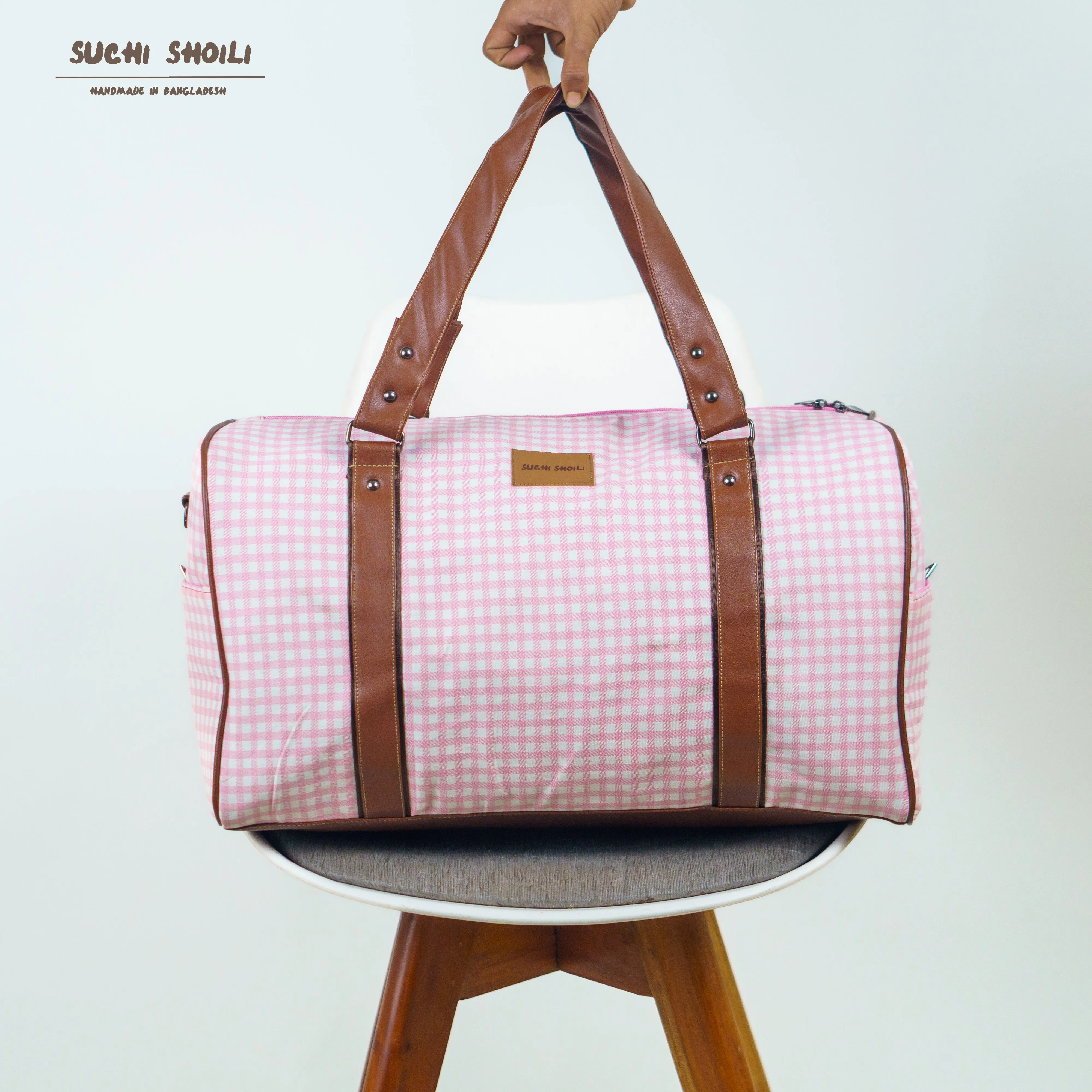 Pink Check Square Duffel Bag