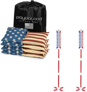 Play Platoon Set of 8 US Vintage Flag All Weather Cornhole Bags & Vertical Scoreboard