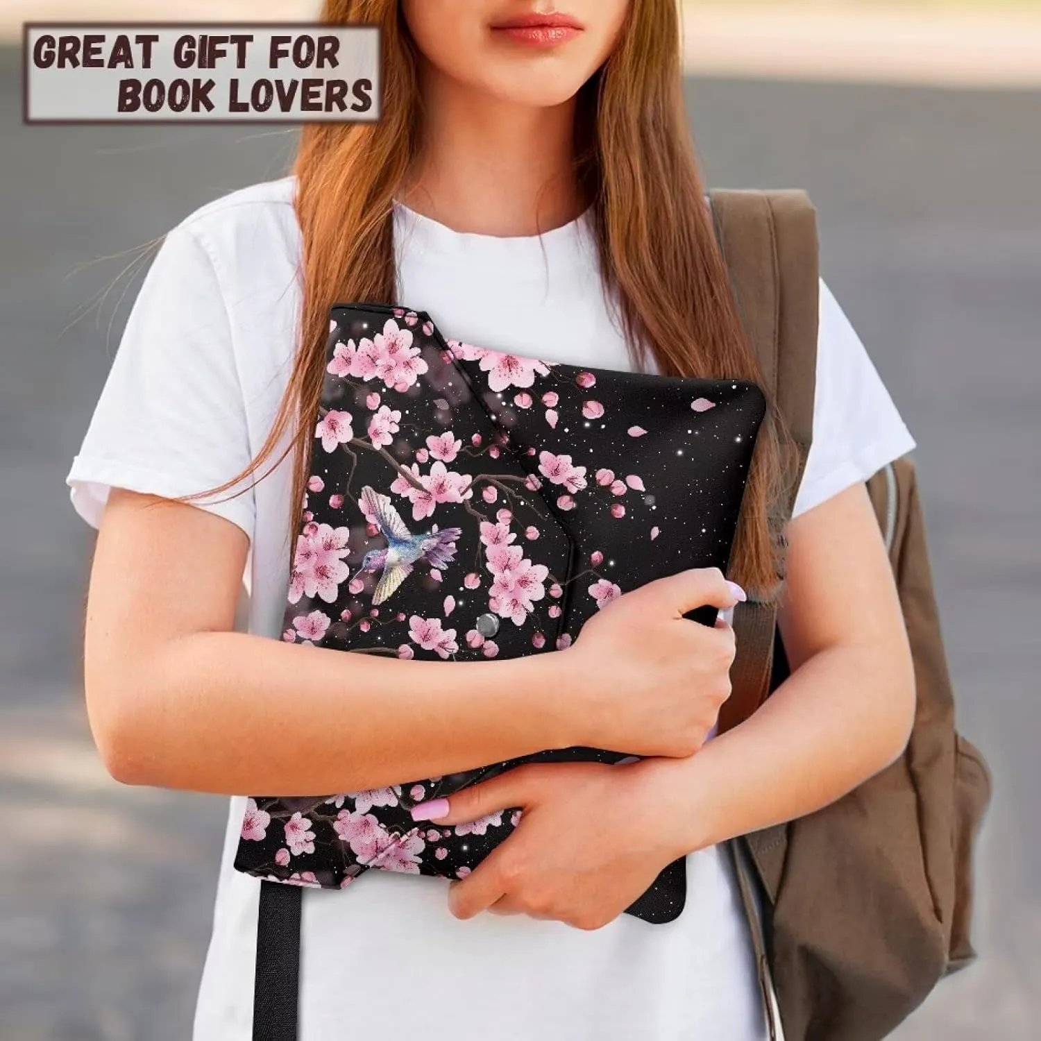 Poceacles Peach Blossom Hummingbird Book Sleeve with Button and Extract Pocket, Book Covers for Women Students Kids, Book Lovers Gifts Book Cover for Paperback Hardcover Notebook, 11.8 x 9.4 Inch