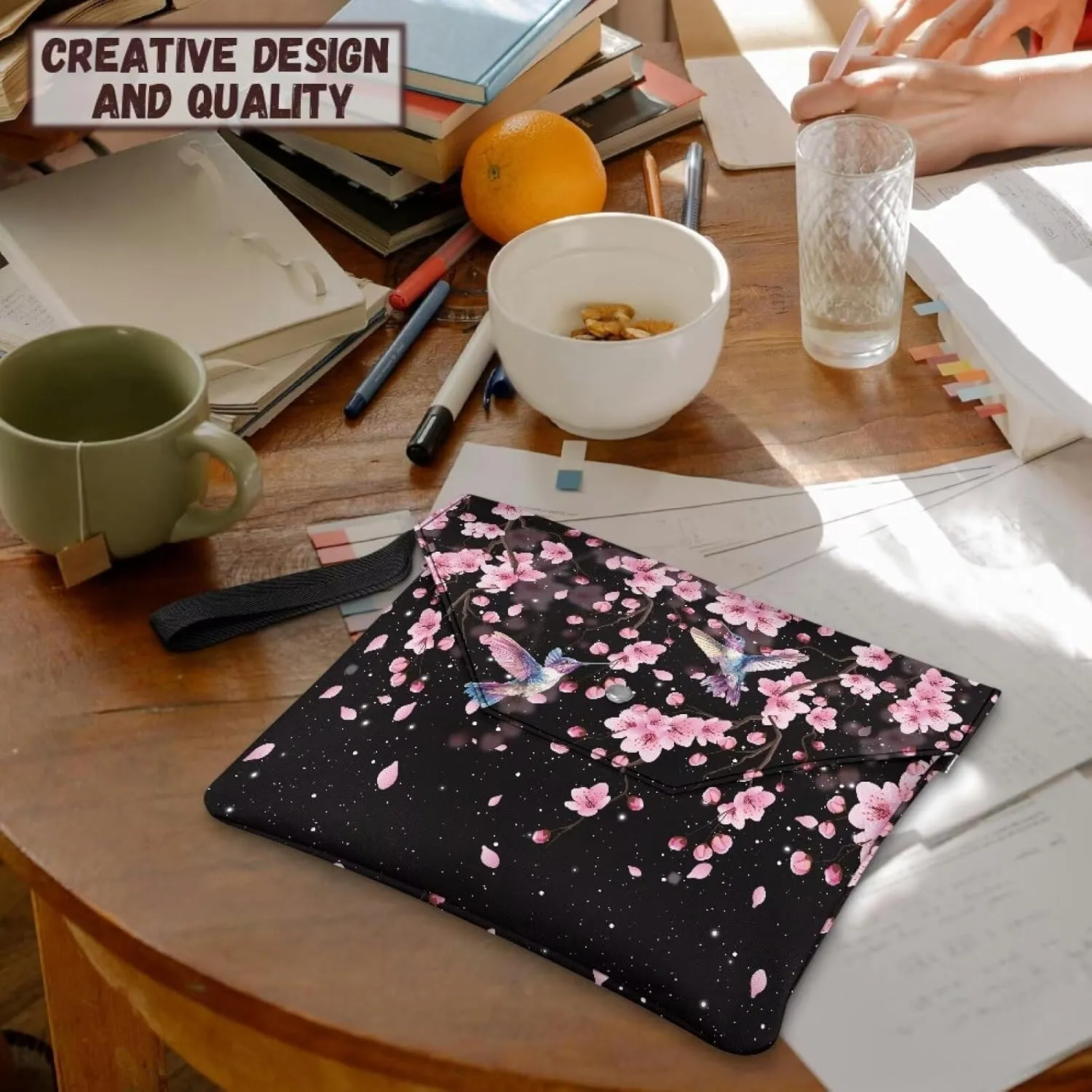 Poceacles Peach Blossom Hummingbird Book Sleeve with Button and Extract Pocket, Book Covers for Women Students Kids, Book Lovers Gifts Book Cover for Paperback Hardcover Notebook, 11.8 x 9.4 Inch