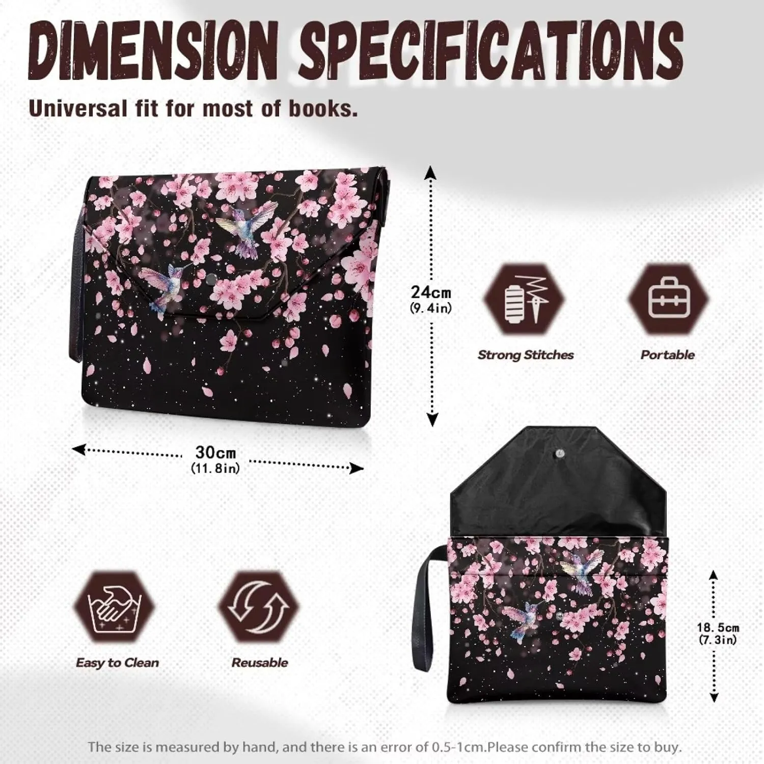 Poceacles Peach Blossom Hummingbird Book Sleeve with Button and Extract Pocket, Book Covers for Women Students Kids, Book Lovers Gifts Book Cover for Paperback Hardcover Notebook, 11.8 x 9.4 Inch