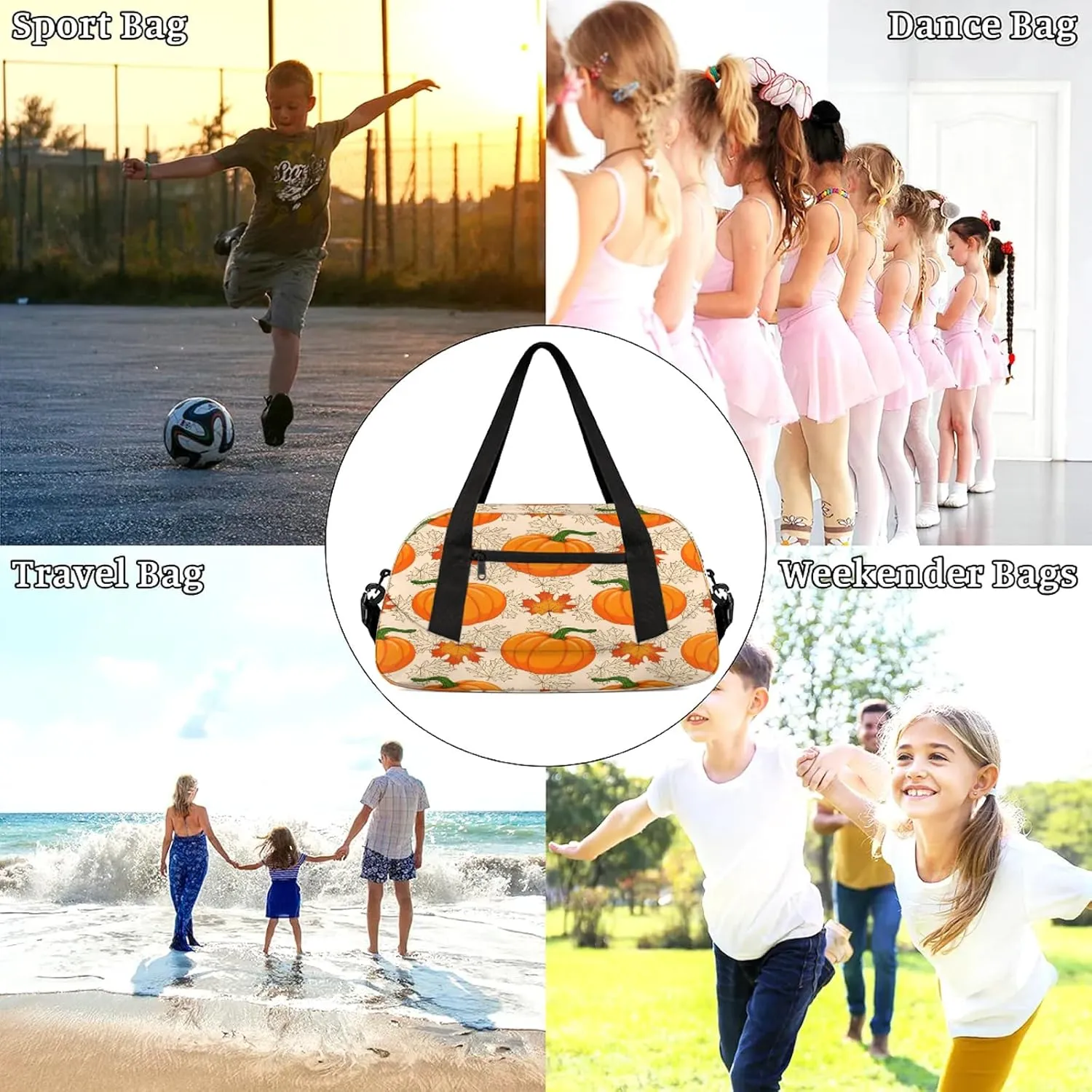 Pumpkin Pattern Kids Duffel Bag Lightweight Waterproof Sports Gym Bag with Front Zipper Pocket Foldable Weekender Overnight Bag for School Practice Gymnastic Ballet