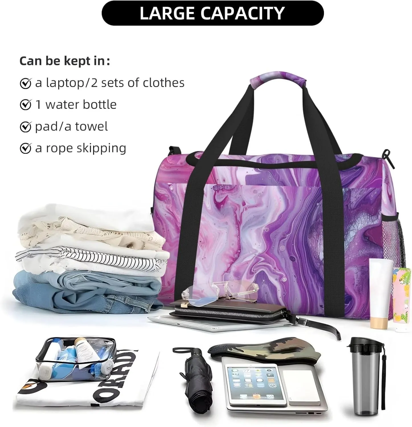 Purle Pink Marble Duffle Bag Foldable Travel Tote Bag Carry On Large Weekender Overnight Bags Waterproof Gym Bag For Women Men