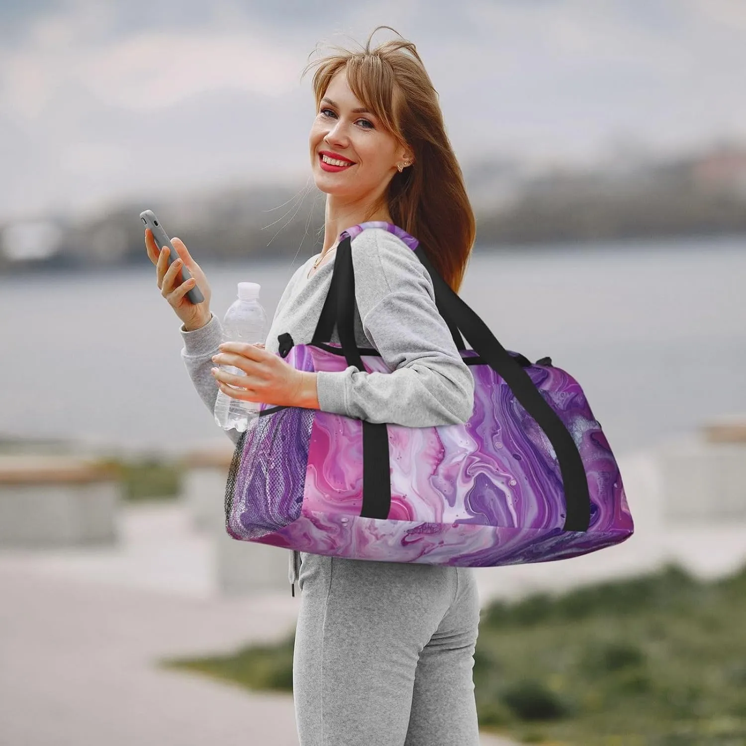 Purle Pink Marble Duffle Bag Foldable Travel Tote Bag Carry On Large Weekender Overnight Bags Waterproof Gym Bag For Women Men
