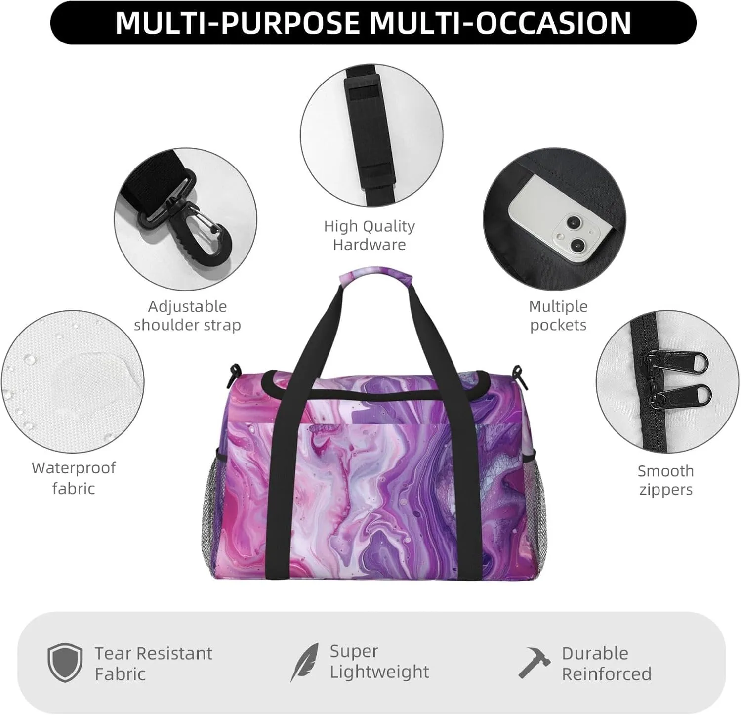Purle Pink Marble Duffle Bag Foldable Travel Tote Bag Carry On Large Weekender Overnight Bags Waterproof Gym Bag For Women Men