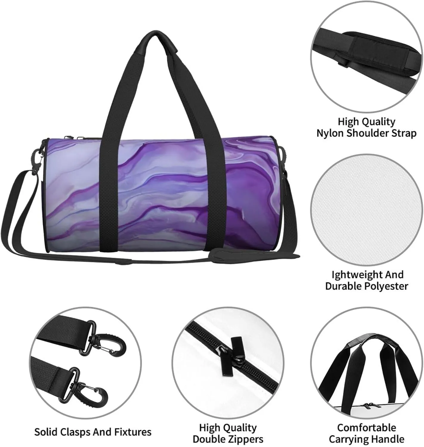 Purple Amethyst Round Travel Duffel Bag Large Capacity Gym Sports Bags for Hiking Vacation Trips