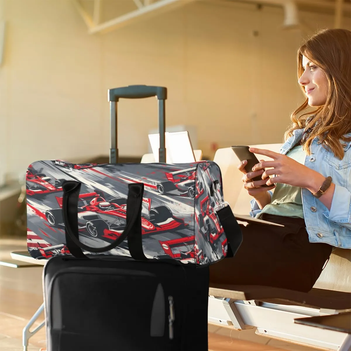 Racing Car Travel Duffle Bag, Sports Gym Bags for Women Men, Carry On Weekender Overnight Bag, Race Car Workout Hospital Airplane Trips Bag