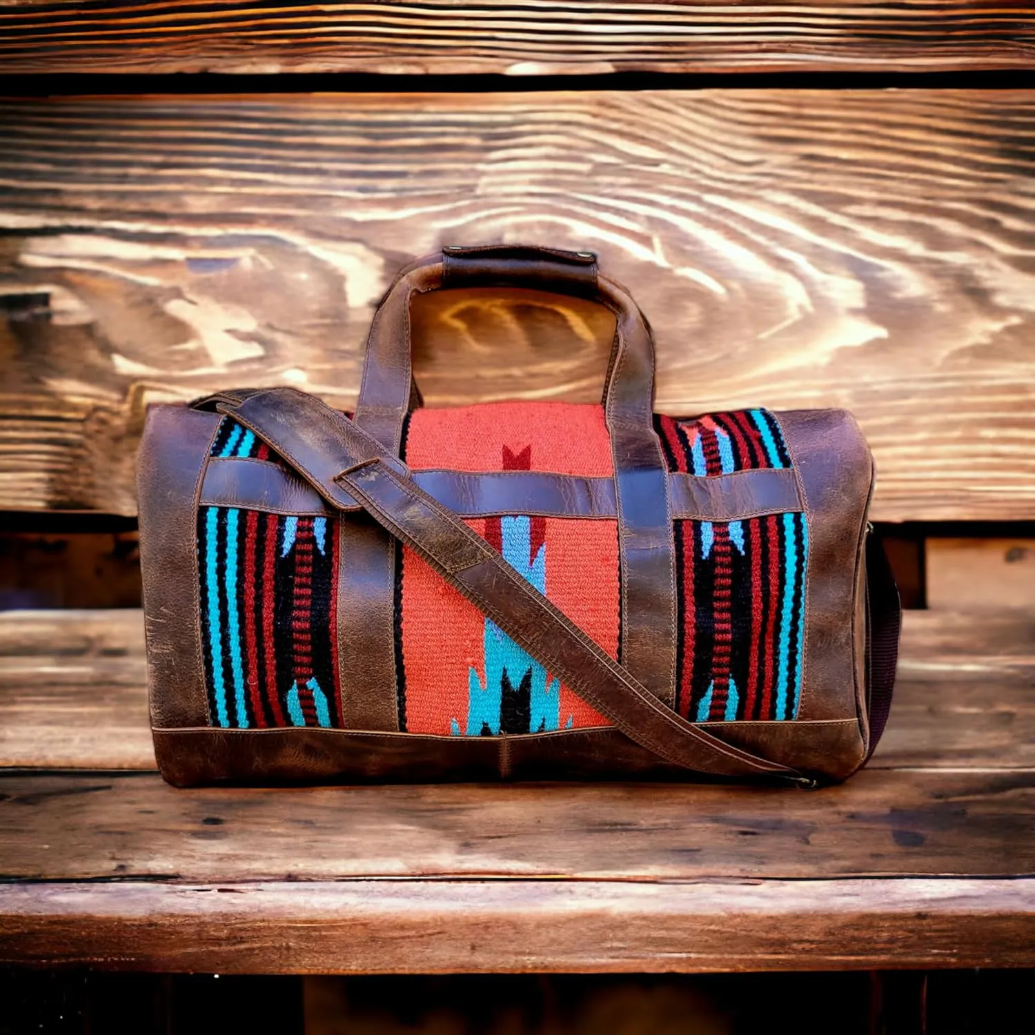 Ranch Junkie Handcrafted Anitque Dark Vintage Brown Southwestern Leather Aztec Weekender Duffel Bag (Sedona)