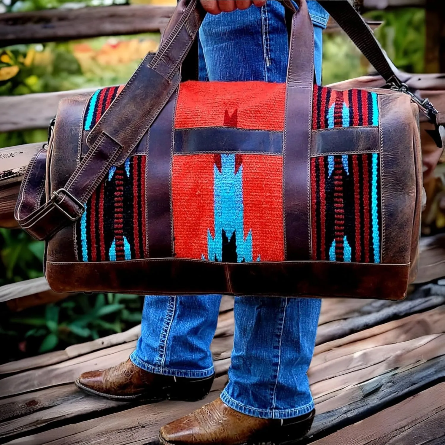 Ranch Junkie Handcrafted Anitque Dark Vintage Brown Southwestern Leather Aztec Weekender Duffel Bag (Sedona)