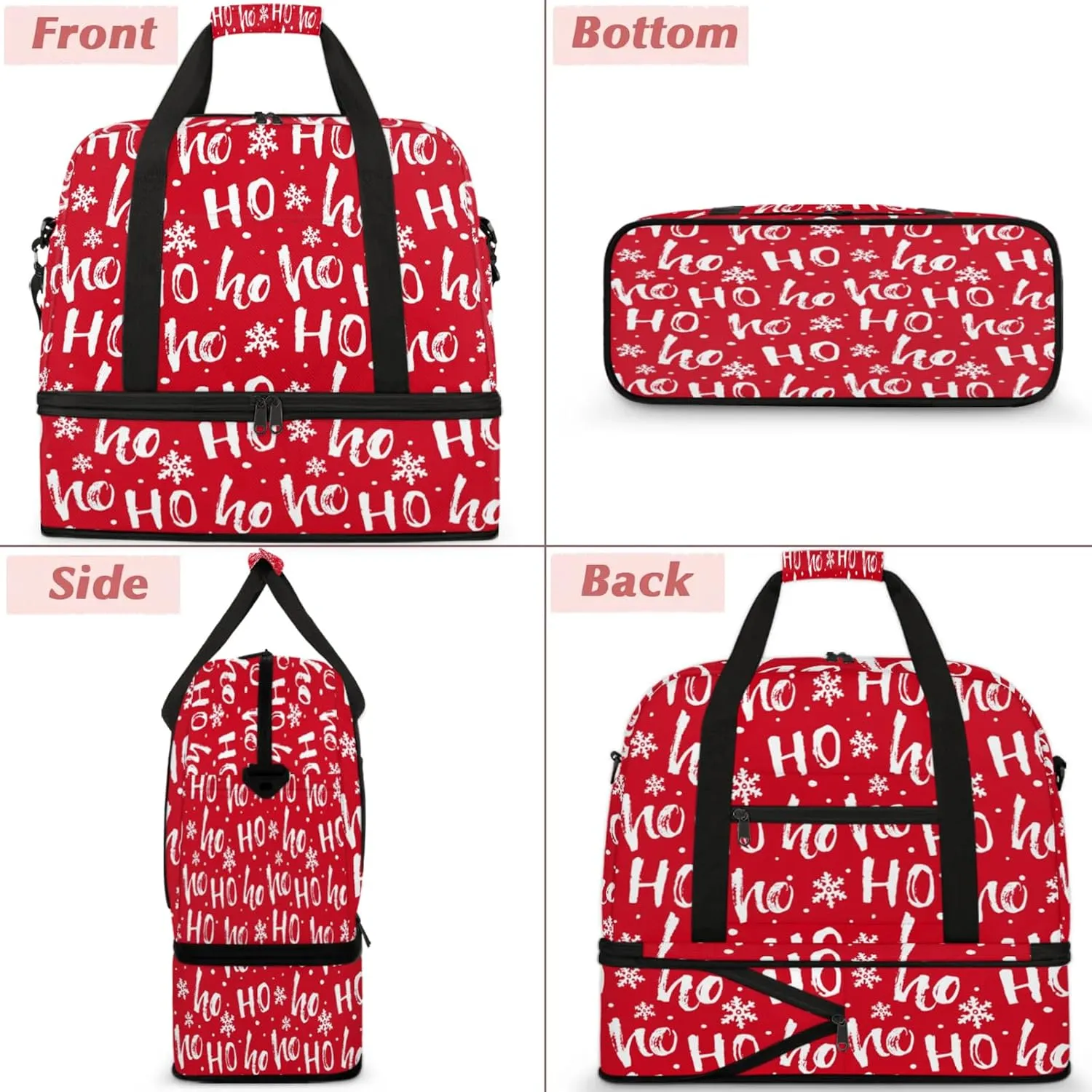 Red Hoho Snowflake Travel Duffel Bags for Women & Men Large Sports Gym Bags Foldie Weekender Overnight Bag Carry On Tote Bag With Shoe Compartment Personal Item Luggage for Travel Sports Gym