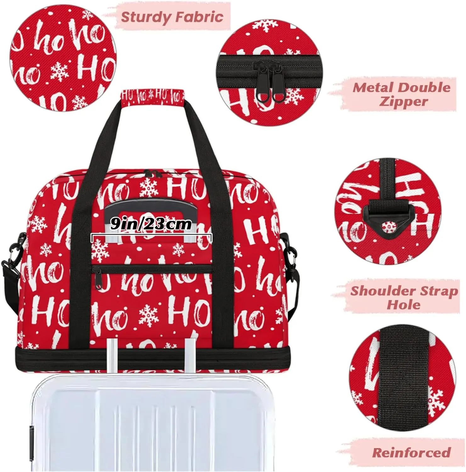 Red Hoho Snowflake Travel Duffel Bags for Women & Men Large Sports Gym Bags Foldie Weekender Overnight Bag Carry On Tote Bag With Shoe Compartment Personal Item Luggage for Travel Sports Gym
