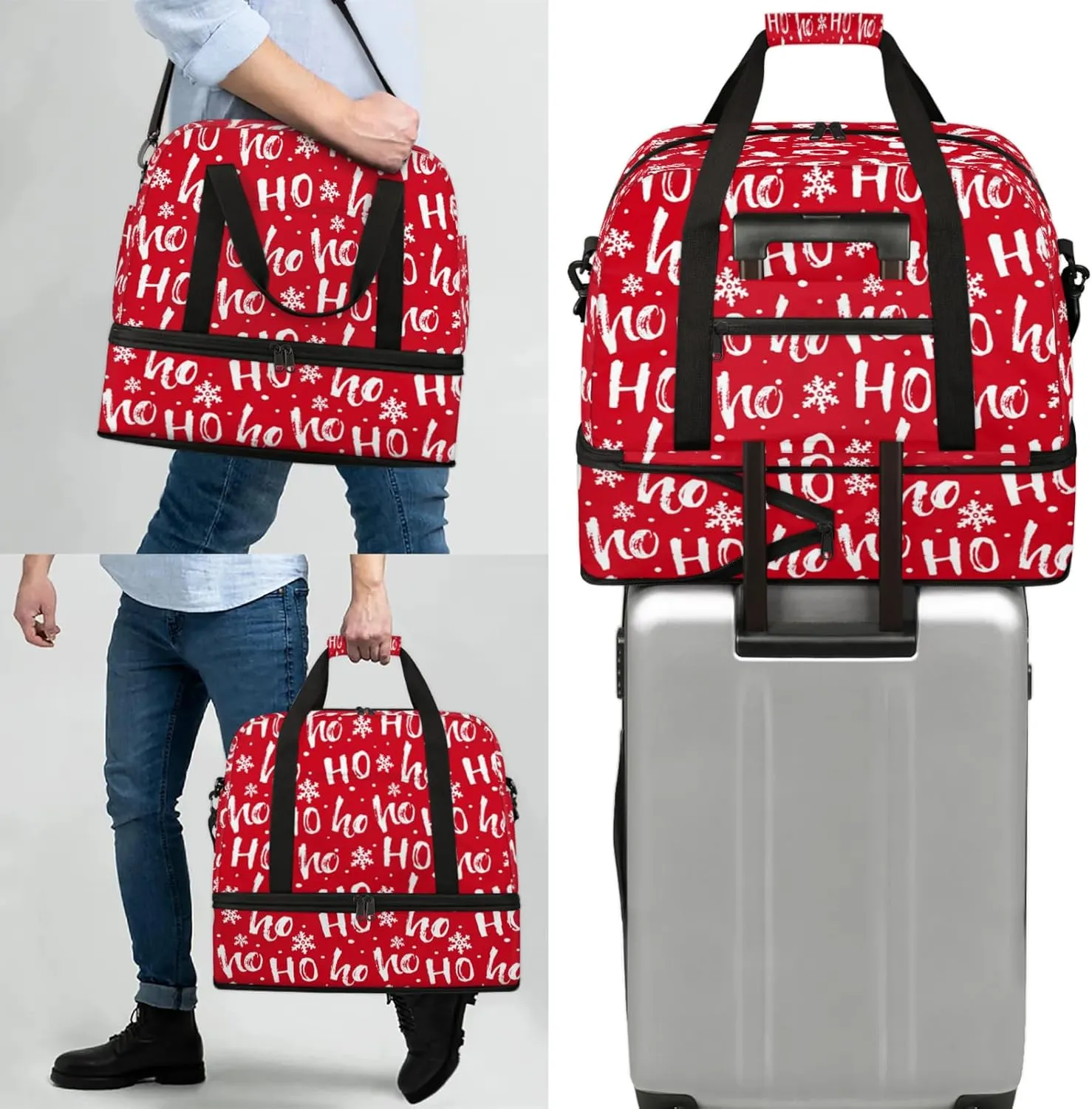 Red Hoho Snowflake Travel Duffel Bags for Women & Men Large Sports Gym Bags Foldie Weekender Overnight Bag Carry On Tote Bag With Shoe Compartment Personal Item Luggage for Travel Sports Gym