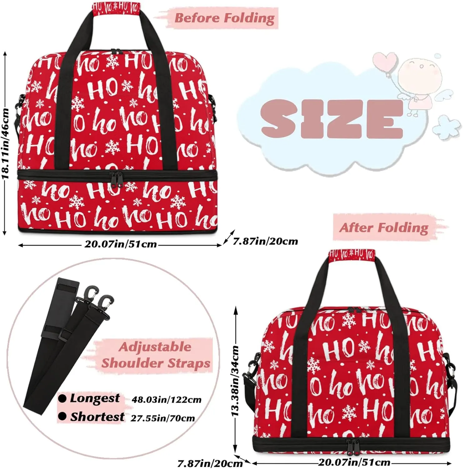 Red Hoho Snowflake Travel Duffel Bags for Women & Men Large Sports Gym Bags Foldie Weekender Overnight Bag Carry On Tote Bag With Shoe Compartment Personal Item Luggage for Travel Sports Gym
