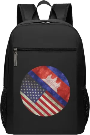 Retro America And Cambodia Flag Travel Laptop Backpack, Business Anti Theft Slim Sturdy Laptops Backpacks, College Computer Bag Gift for Men & Women Fits 17 Inch Notebook,Black