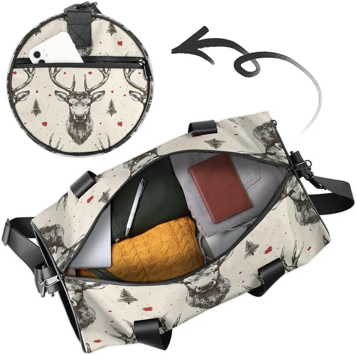 Retro Deer Print Gym Bag for Women Men Lightweight Weekender Travel Bag Stylish Duffle Bag for Gym Travel Overnight Carry On