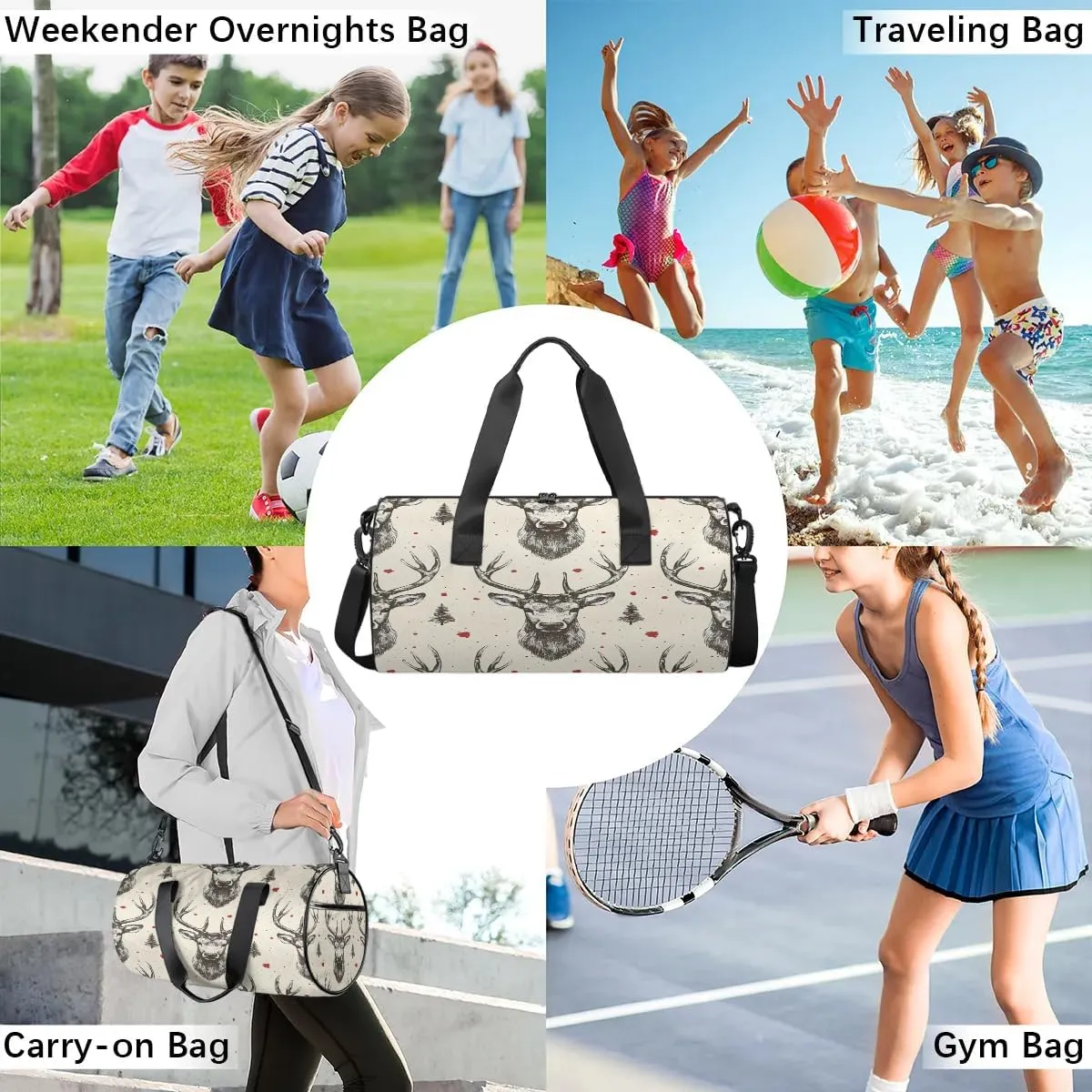Retro Deer Print Gym Bag for Women Men Lightweight Weekender Travel Bag Stylish Duffle Bag for Gym Travel Overnight Carry On