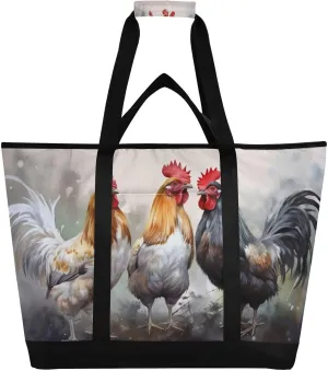 Retro Style Farmhouse Rooster Reusable Insulated Lunchbox Cooler Bag, Leakproof Kitchen Grocery Bag Collapsible Portable Cooler Tote Bag for Picnic, Camping, Office, Travel