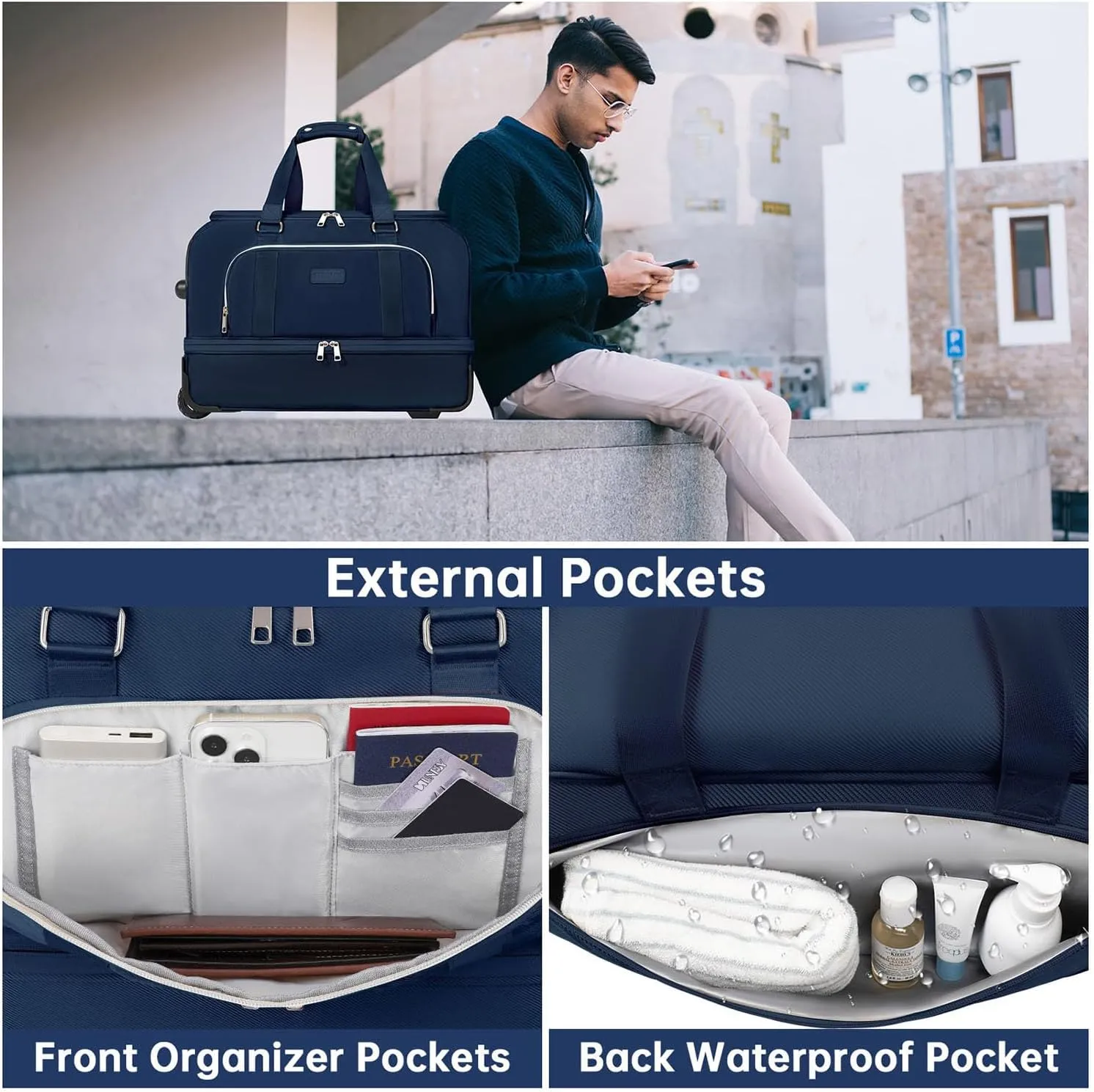 Rolling Duffel Bag for Men Women, ETRONIK Large Wheeled Weekender Bags with Wet Pocket and Shoes Compartment, Waterproof Carry on Overnight Bag with Toiletry Bag for Weekend Travel Business Trip