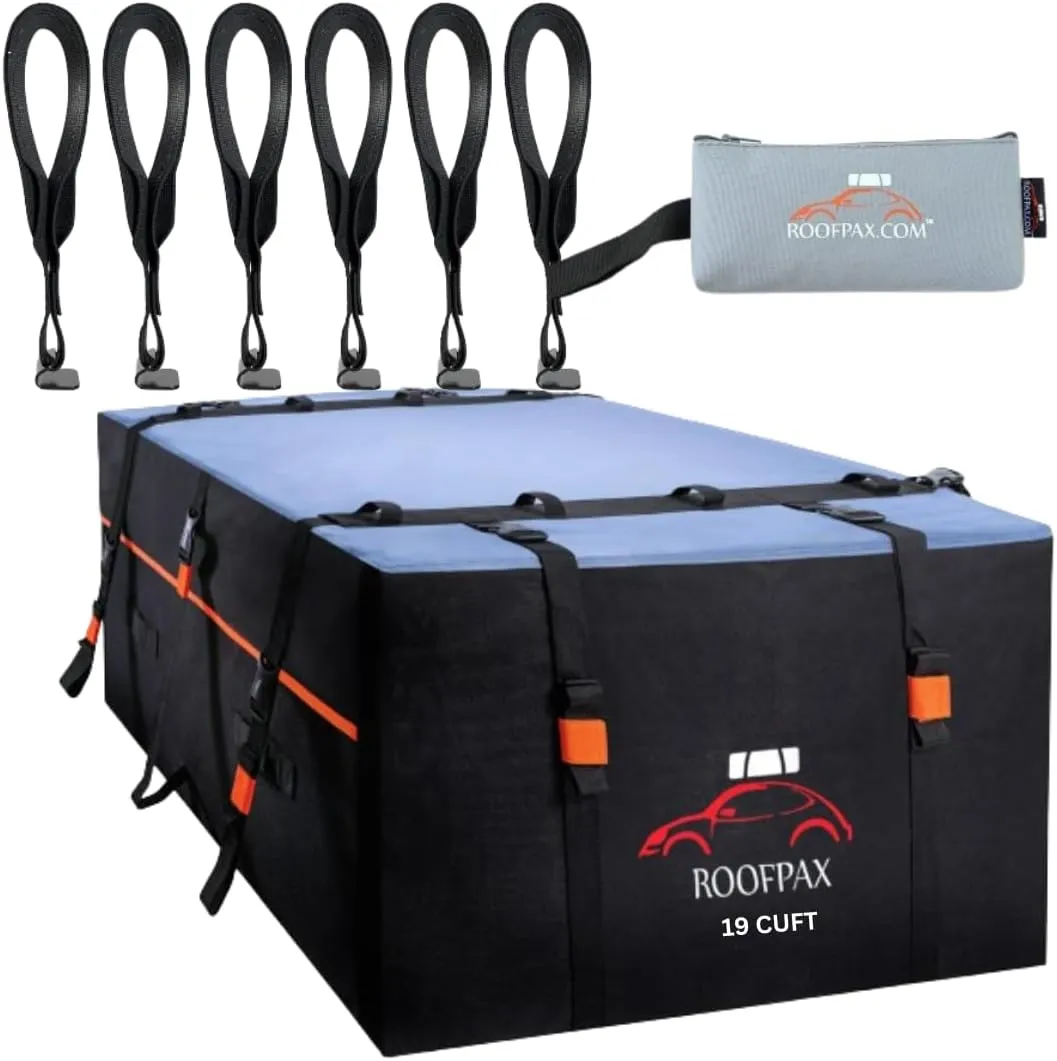 RoofPax Bundle of 19 cft. Extra Waterproof Rooftop Cargo Carrier Bag & 6 Rooftop Cargo Tie Down Hook Straps for Strapping Down Any Car Top Luggage.