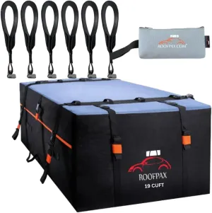 RoofPax Bundle of 19 cft. Extra Waterproof Rooftop Cargo Carrier Bag & 6 Rooftop Cargo Tie Down Hook Straps for Strapping Down Any Car Top Luggage.
