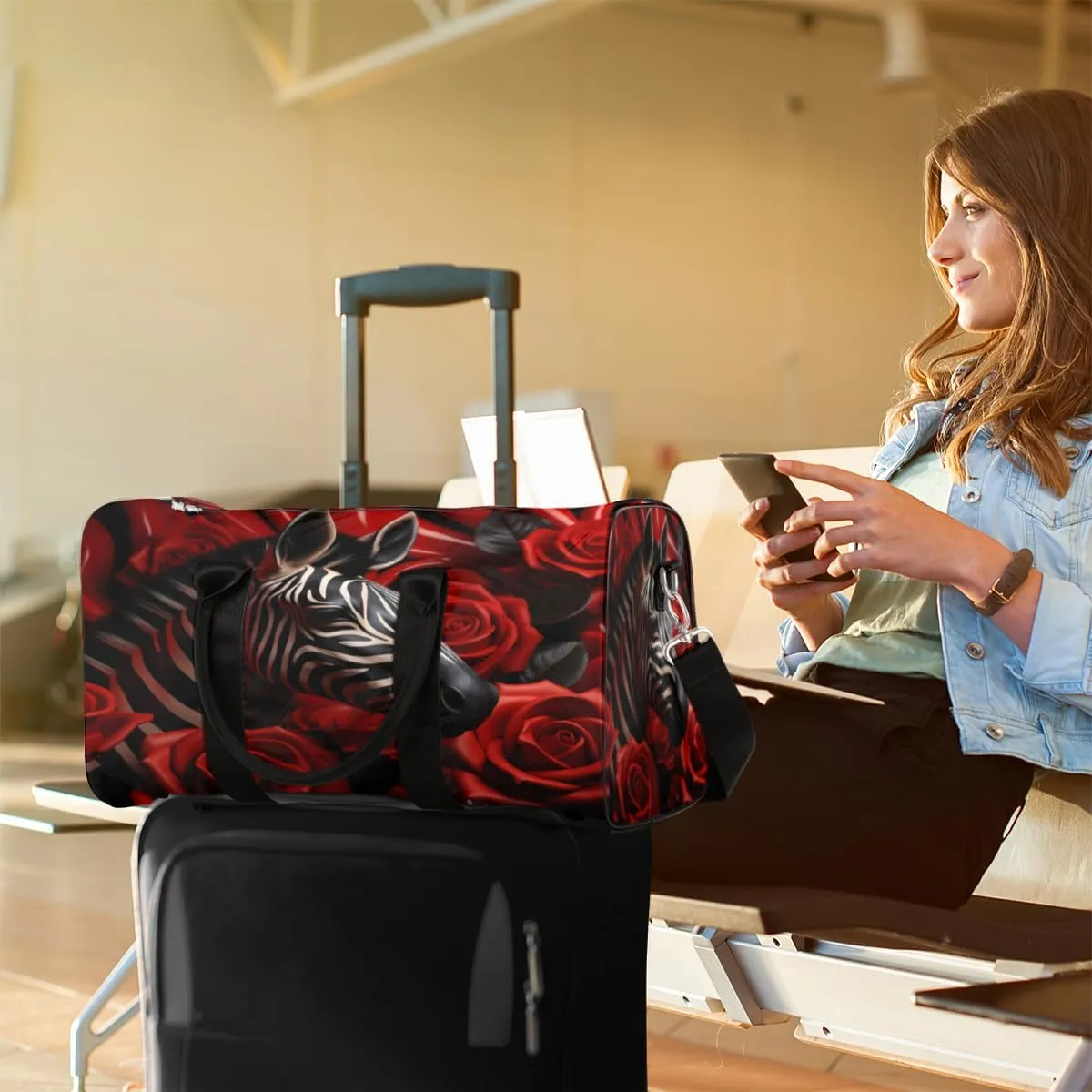 Rose Zebra Travel Duffle Bag, Sports Gym Bags for Women Men, Carry On Weekender Overnight Bag, Flower Workout Hospital Airplane Trips Bag