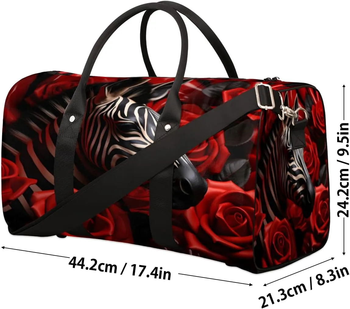 Rose Zebra Travel Duffle Bag, Sports Gym Bags for Women Men, Carry On Weekender Overnight Bag, Flower Workout Hospital Airplane Trips Bag