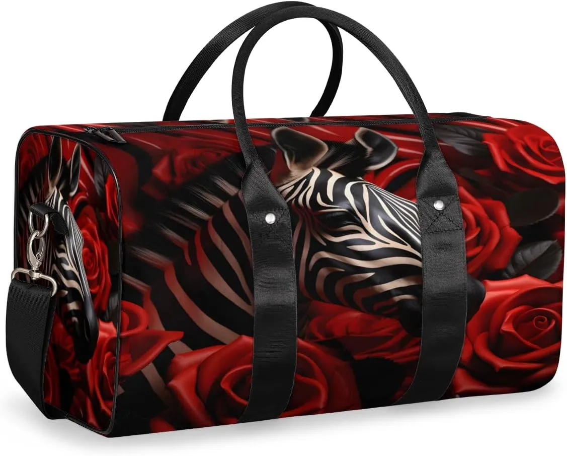 Rose Zebra Travel Duffle Bag, Sports Gym Bags for Women Men, Carry On Weekender Overnight Bag, Flower Workout Hospital Airplane Trips Bag