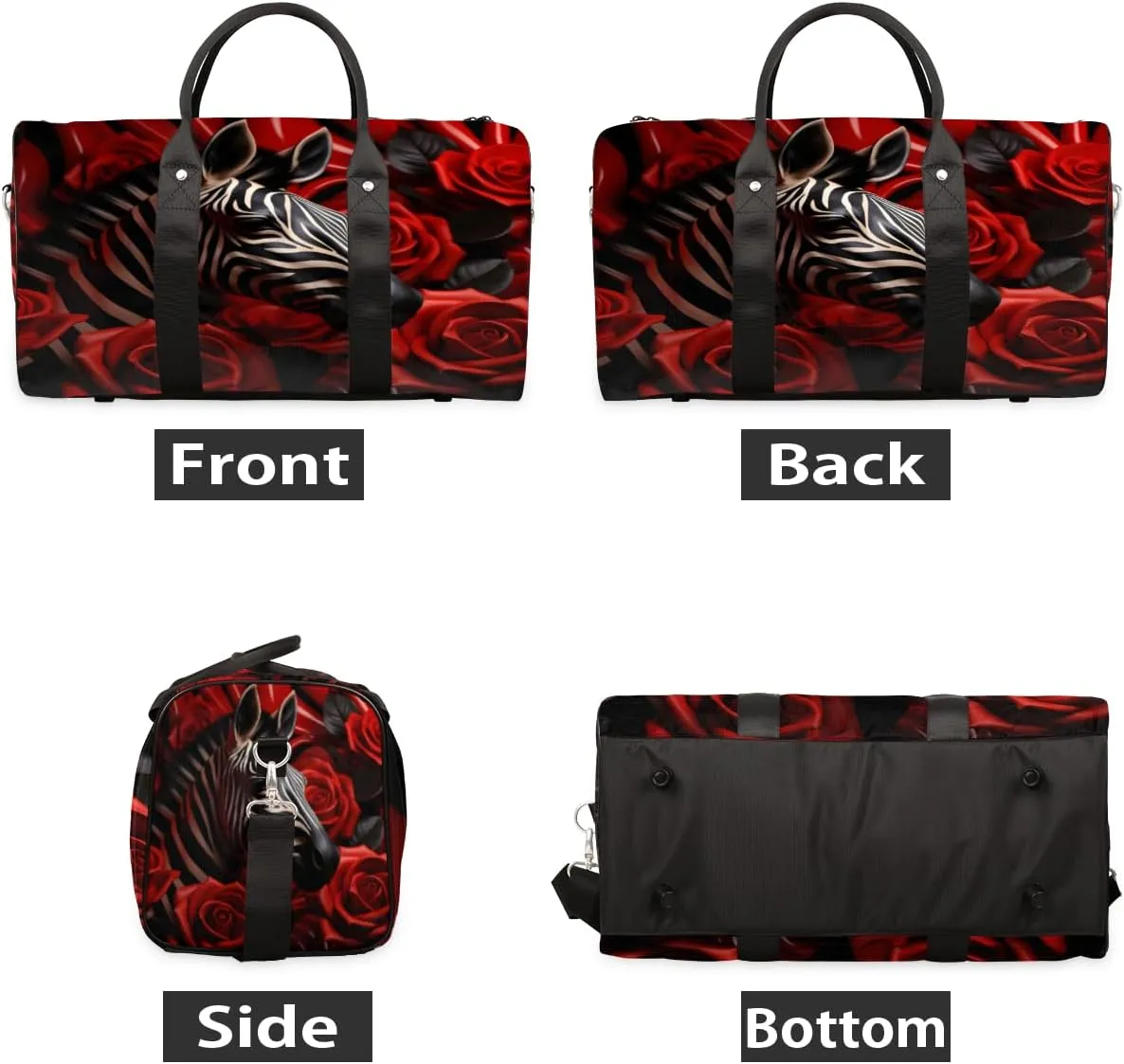 Rose Zebra Travel Duffle Bag, Sports Gym Bags for Women Men, Carry On Weekender Overnight Bag, Flower Workout Hospital Airplane Trips Bag