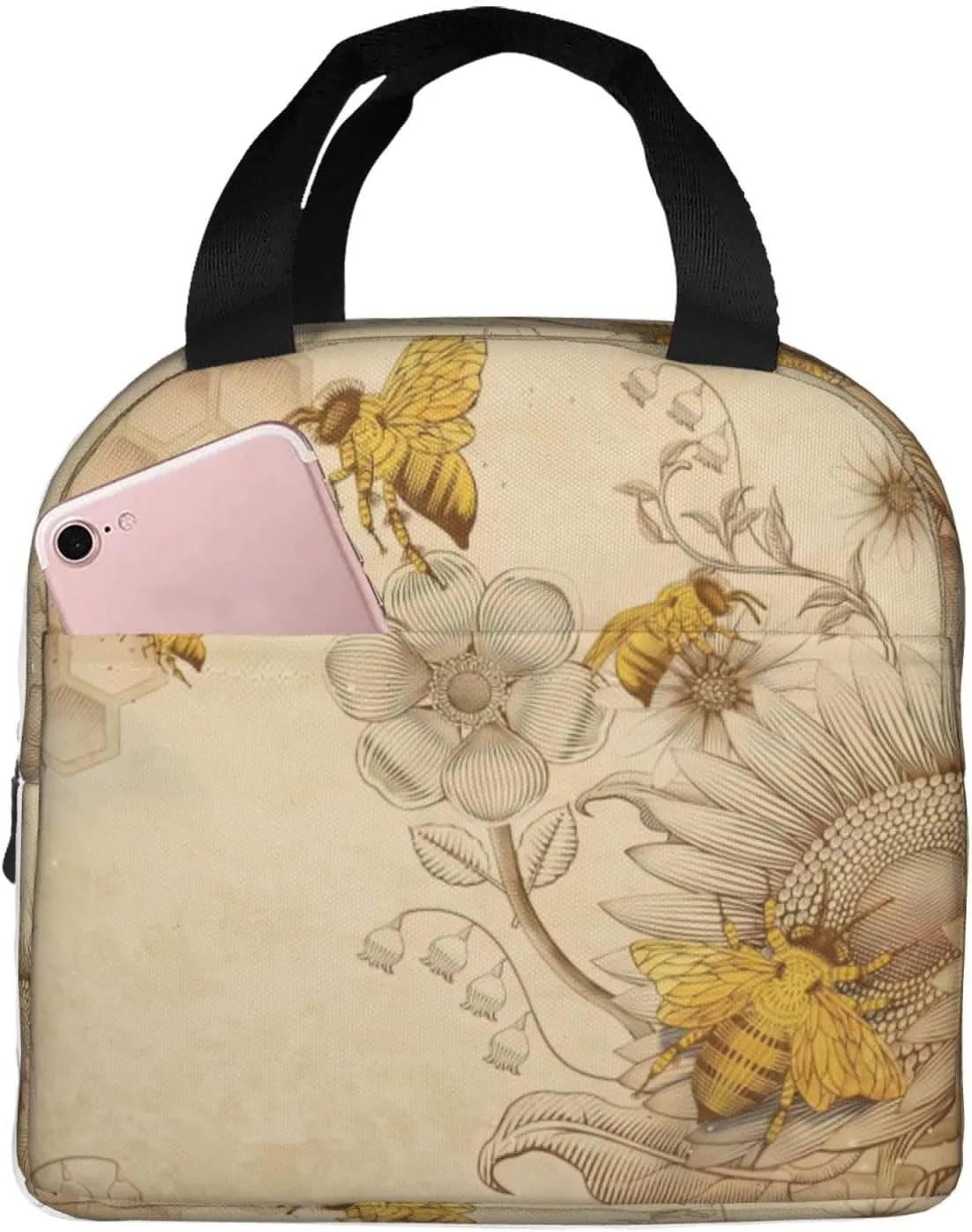 Rural Honey Bees Flowers Print Adult Lunch Bags Working Lunch Bag Versatile Lunch Box Tote Womens Lunch Bags Large Lunch Bag