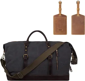 S-ZONE Leather Canvas Duffel Bag and Leather Luggage Tag Bundle