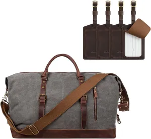 S-ZONE Oversized Leather Canvas Duffel with Leather Luggage Tags