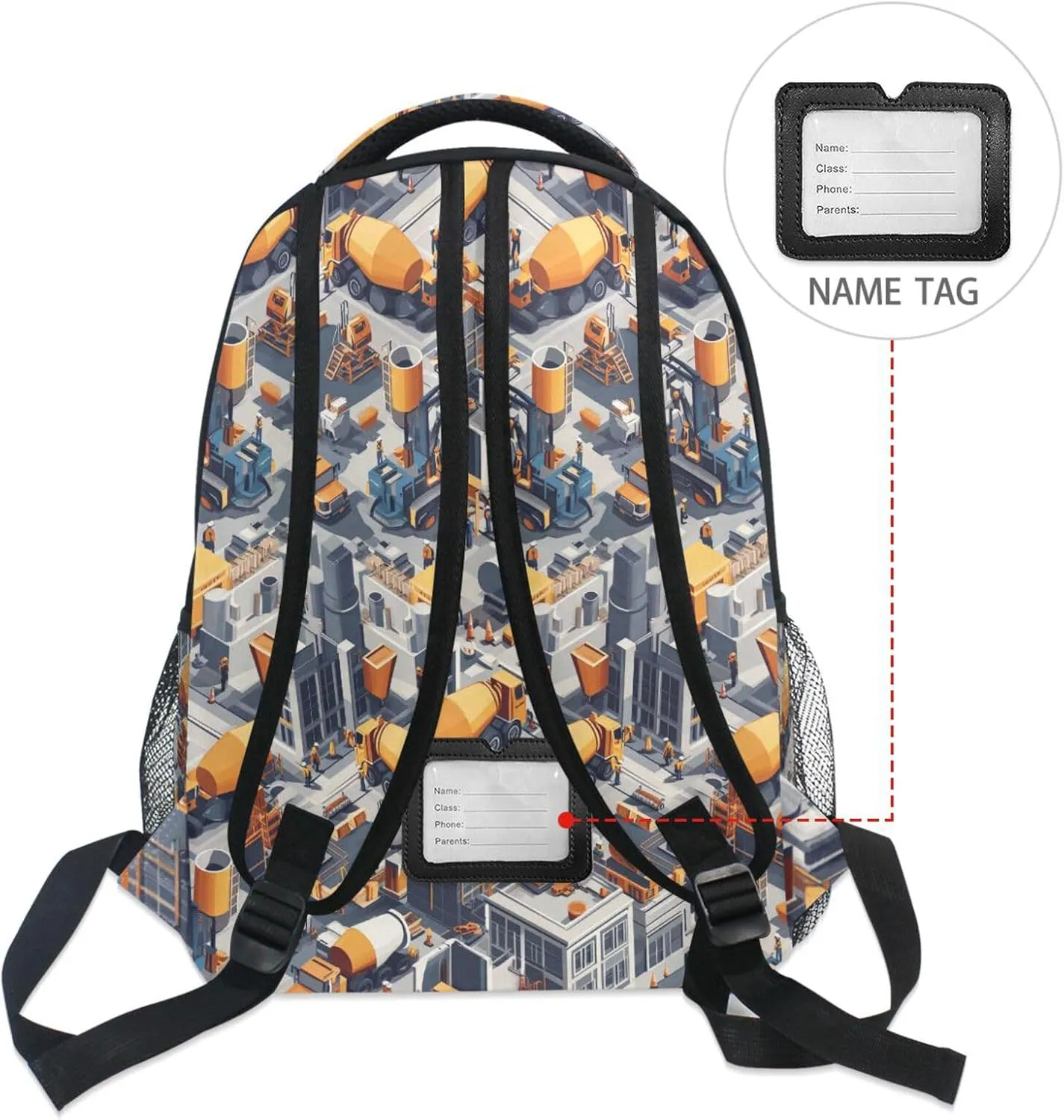 School Backpack for Men Women Waterproof Business Work Bag with Chest Strap Gift Men & Women Construction Scene Concrete Mixer Truck