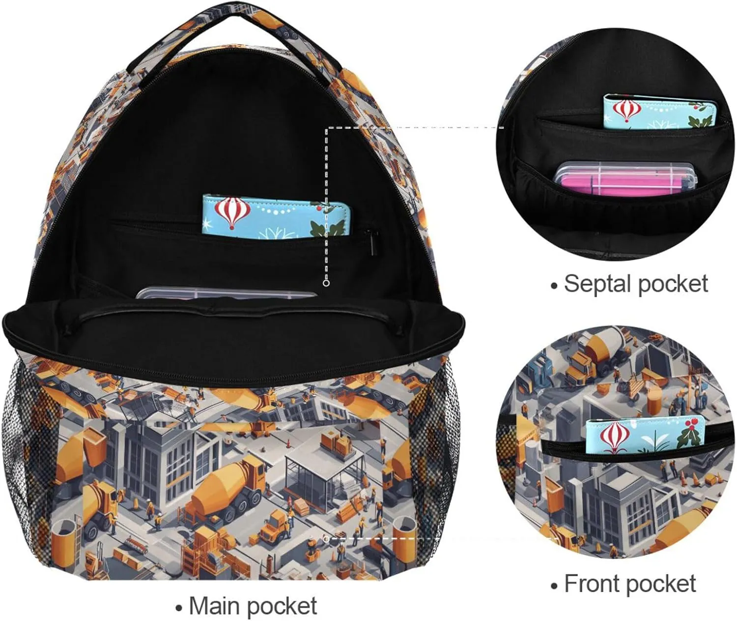 School Backpack for Men Women Waterproof Business Work Bag with Chest Strap Gift Men & Women Construction Scene Concrete Mixer Truck
