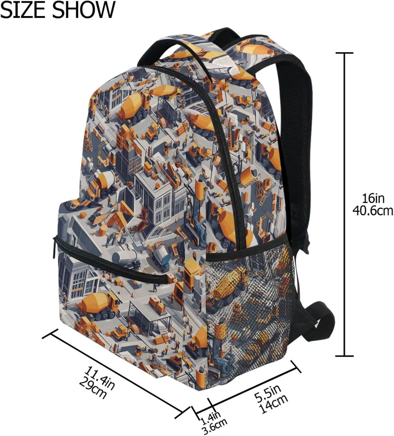 School Backpack for Men Women Waterproof Business Work Bag with Chest Strap Gift Men & Women Construction Scene Concrete Mixer Truck
