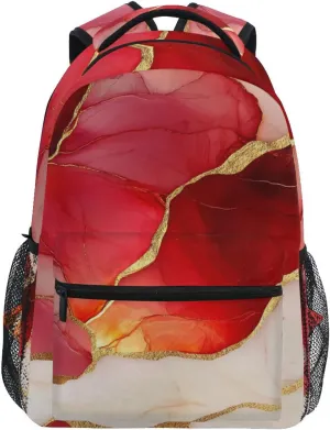 School Backpack for Teens Boys Girls Waterproof School Bag with Chest Strap for Business Work College Travel Trip Marble Red White