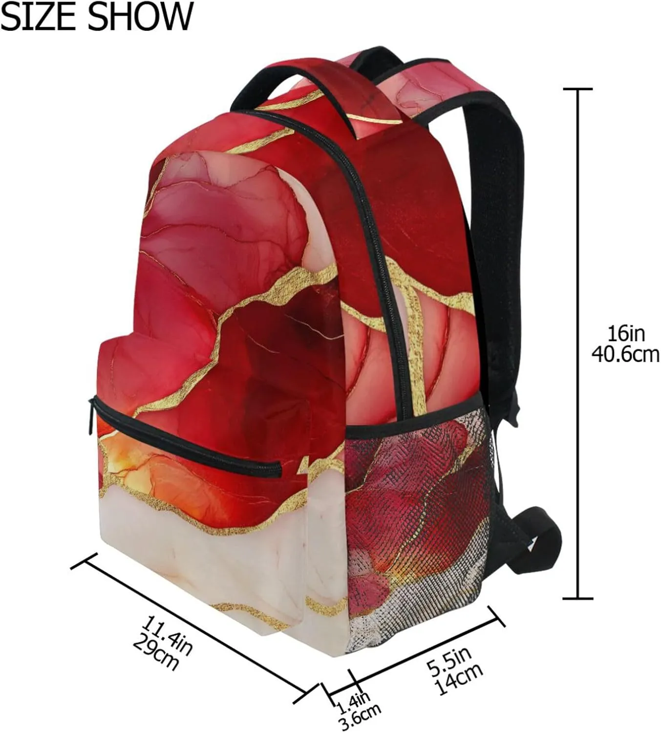 School Backpack for Teens Boys Girls Waterproof School Bag with Chest Strap for Business Work College Travel Trip Marble Red White