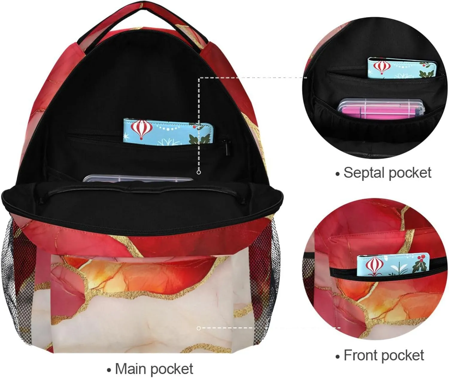 School Backpack for Teens Boys Girls Waterproof School Bag with Chest Strap for Business Work College Travel Trip Marble Red White
