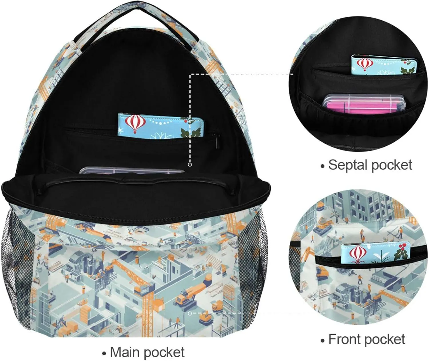 School Backpack for Women Men Waterproof Backpack with Chest Strap for Business Work College Travel Trip Construction Scene Build Tall Buildings Bulldozer